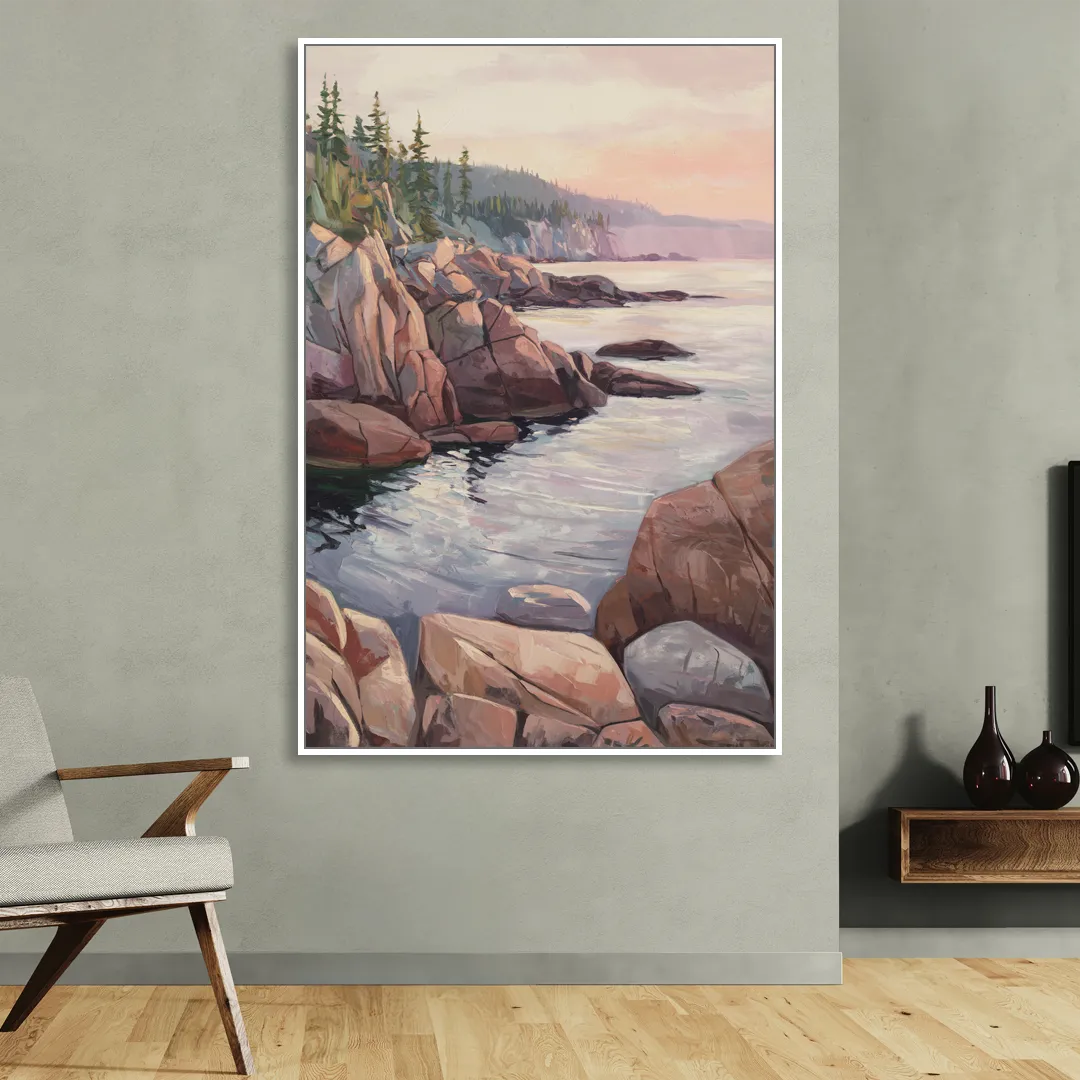 Bar Harbor Rocky Shoreline Sitting Room - White Canvas Wall Art