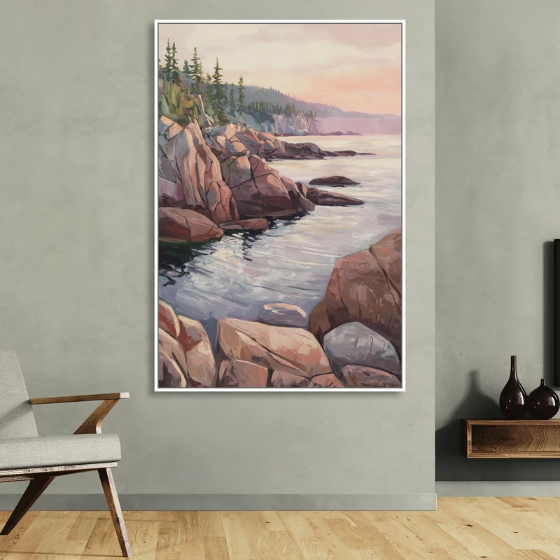 Bar Harbor Rocky Shoreline Sitting Room - White Canvas Wall Art