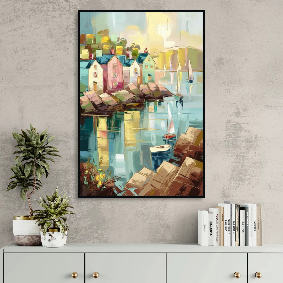 Bar Harbor Seaside Village Living Room - Black Canvas Wall Art