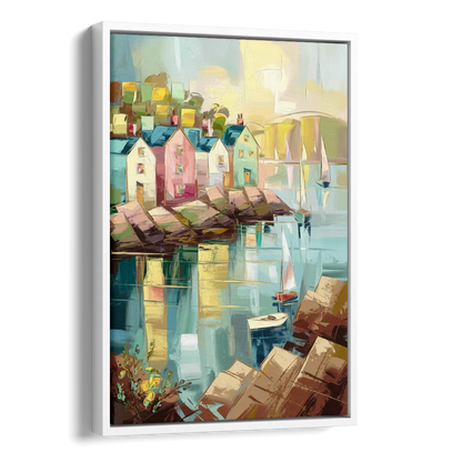 Bar Harbor Seaside Village Side - White Canvas Wall Art