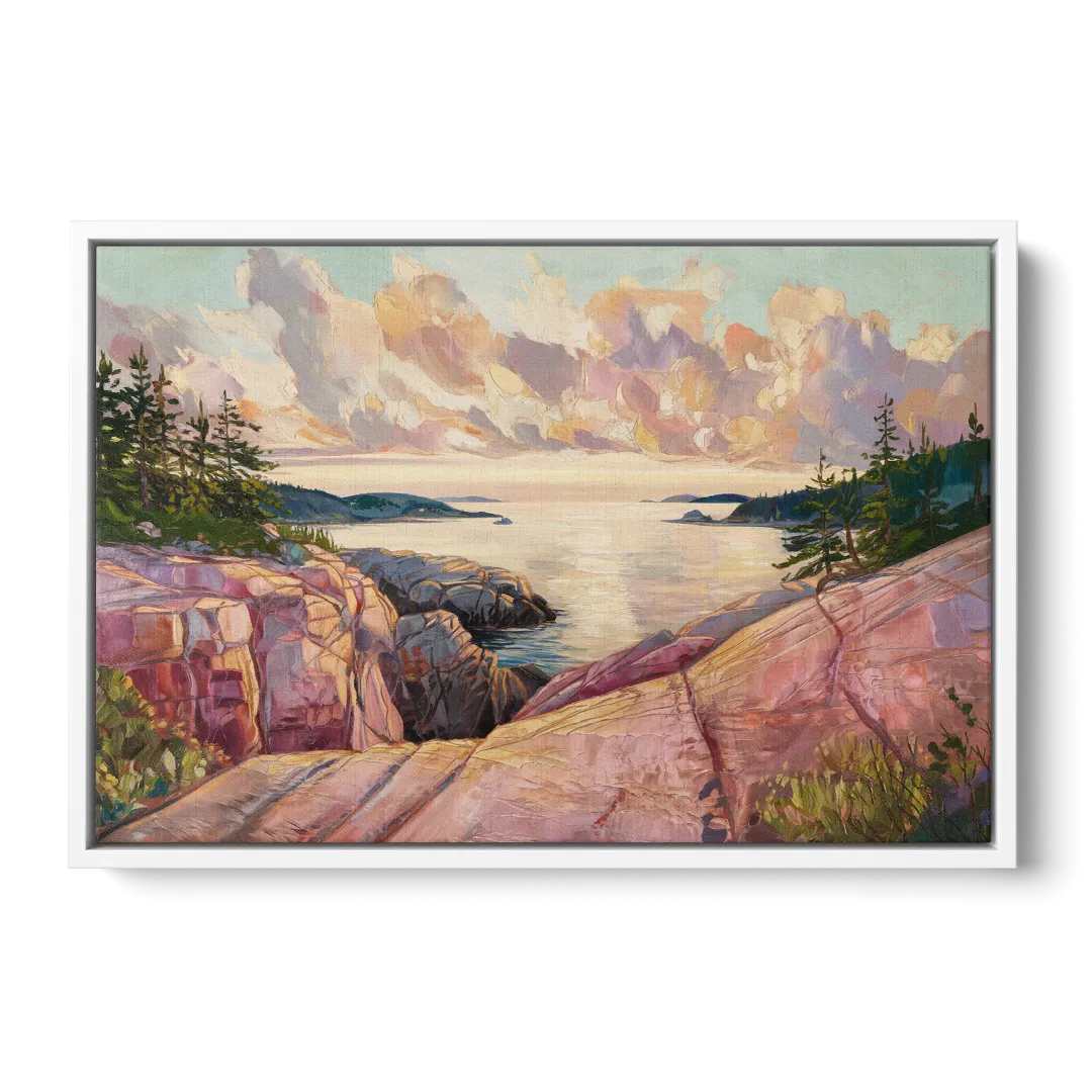 Bar Harbor Sunrise Over Acadia Front - White Canvas Wall Art