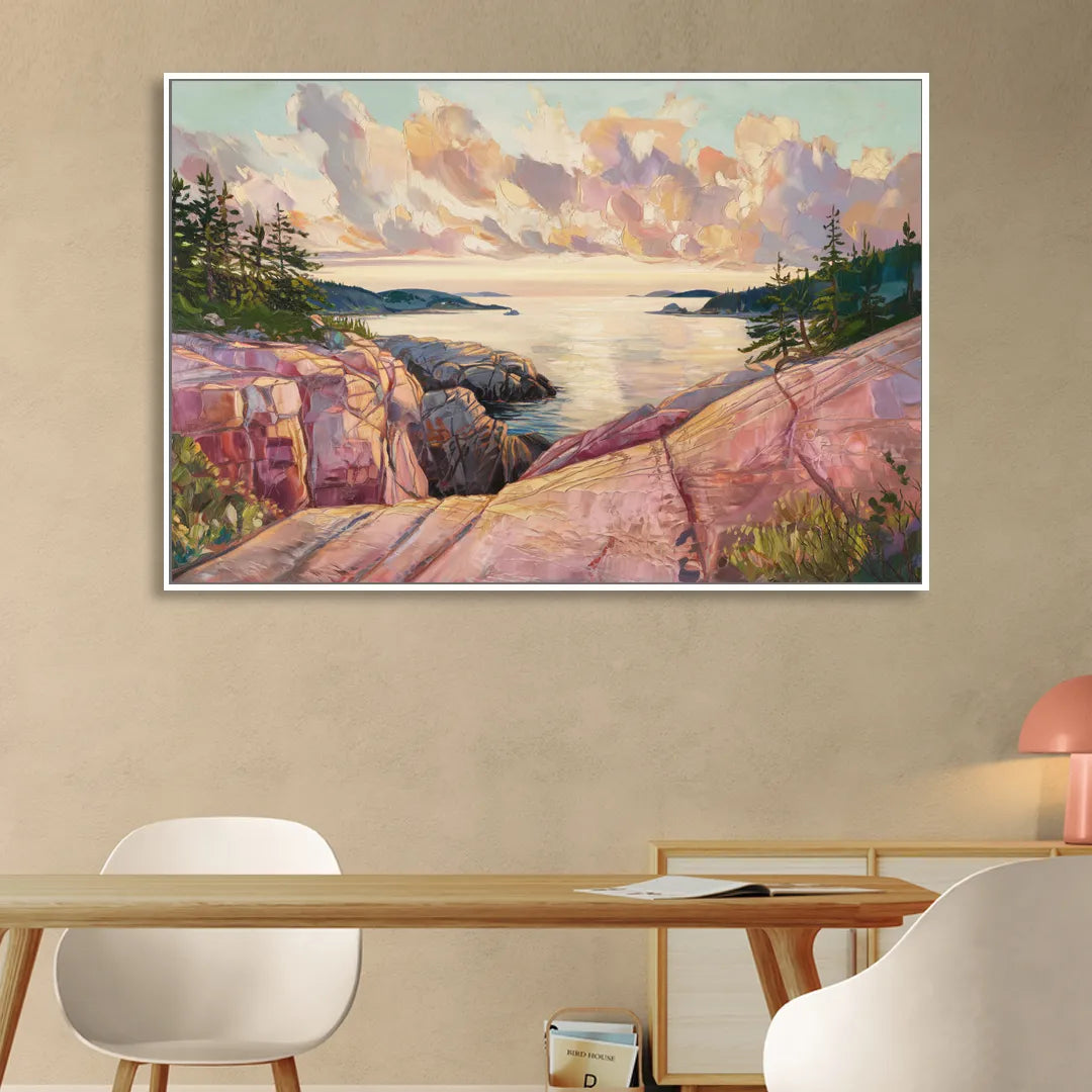 Bar Harbor Sunrise Over Acadia Sitting Room - White Canvas Wall Art