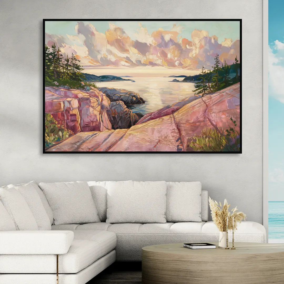 Bar Harbor Sunrise Over Acadia Sitting Room - Black Canvas Wall Art