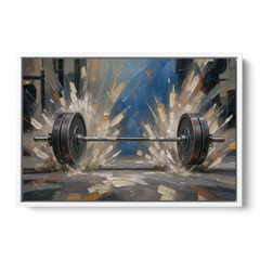 Barbell Painting with Chalk Dust Burst - White Framed Canvas Wall Art - Front