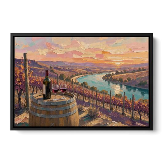 Barrel Table Above the River for the Dining Room - Black Framed Canvas Wall Art - Front