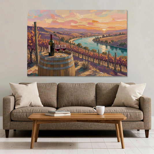Barrel Table Above the River for the Dining Room - Canvas Wall Art - Sofa - 60x40