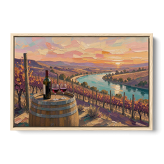 Barrel Table Above the River for the Dining Room - Oak Framed Canvas Wall Art - Front