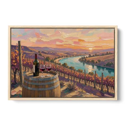 Barrel Table Above the River for the Dining Room - Oak Framed Canvas Wall Art - Front