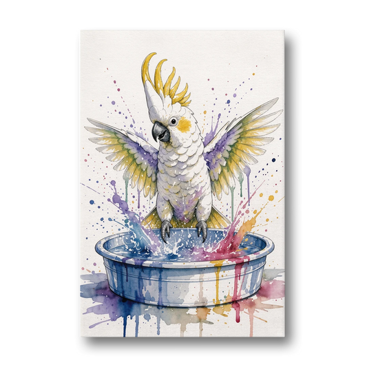 Bath Time Wall Art with a Splashing Cockatoo - Canvas Wall Art - Front