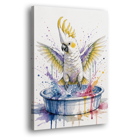 Bath Time Wall Art with a Splashing Cockatoo - Canvas Wall Art - Side
