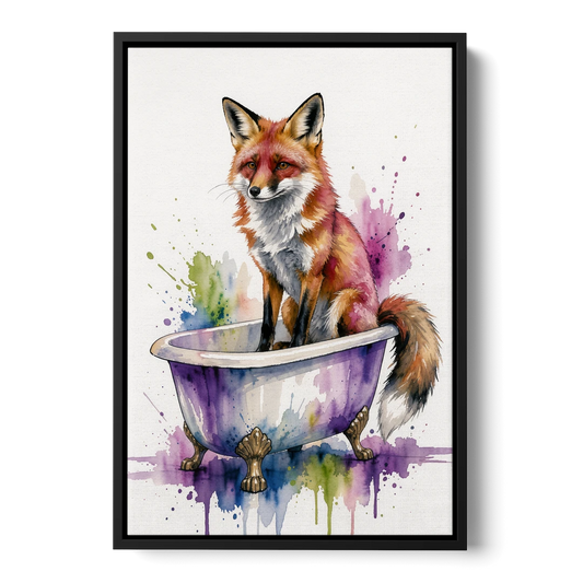 Bathroom Animal Wall Art Fox in a Dry Tub - Black Framed Canvas Wall Art - Front