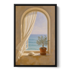 Bathroom Art Prints Arched Window to the Sea - Black Framed Canvas Wall Art - Front