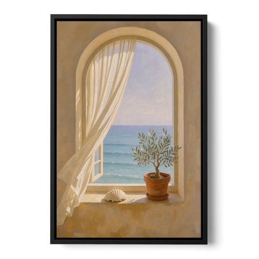 Bathroom Art Prints Arched Window to the Sea - Black Framed Canvas Wall Art - Front