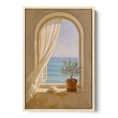 Bathroom Art Prints Arched Window to the Sea - Oak Framed Canvas Wall Art - Front