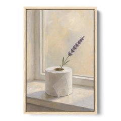 Bathroom Decor Wall Art with a Lavender Sprig - Oak Framed Canvas Wall Art - Front