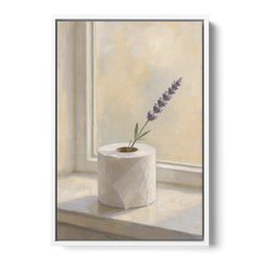 Bathroom Decor Wall Art with a Lavender Sprig - White Framed Canvas Wall Art - Front