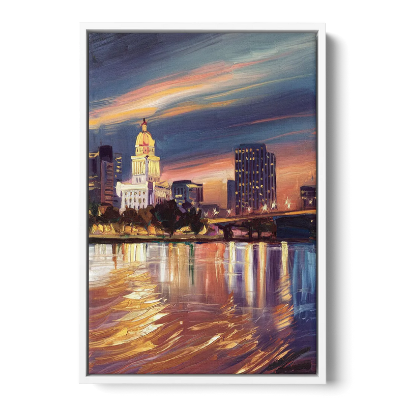 Baton Rouge Cityscape Twilight Front - White Canvas Wall Art