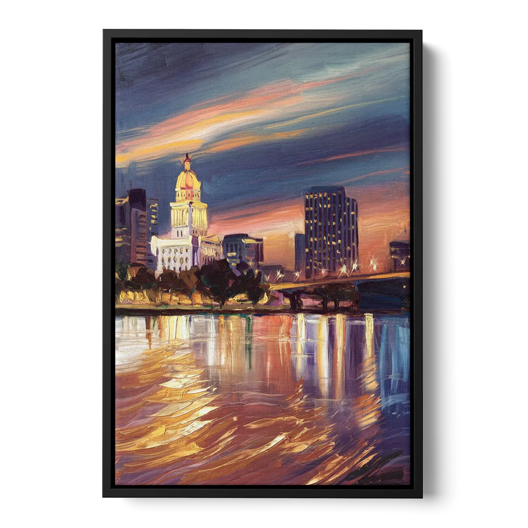 Baton Rouge Cityscape Twilight Front - Black Canvas Wall Art
