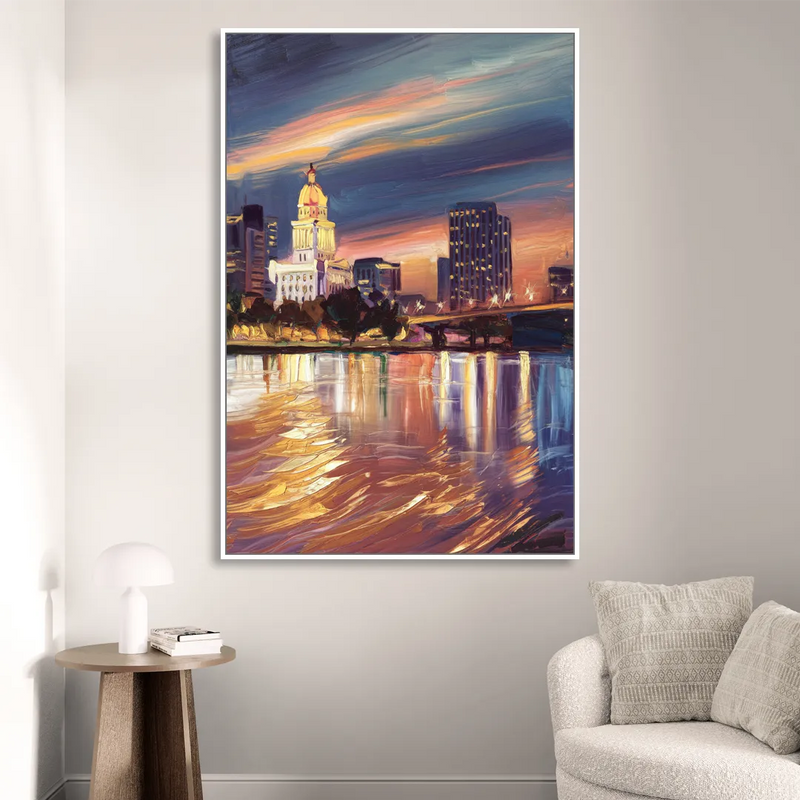 Baton Rouge Cityscape Twilight Sitting Room - White Canvas Wall Art