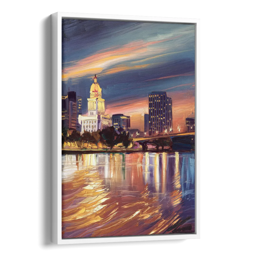 Baton Rouge Cityscape Twilight Side - White Canvas Wall Art