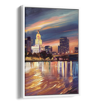 Baton Rouge Cityscape Twilight Side - White Canvas Wall Art
