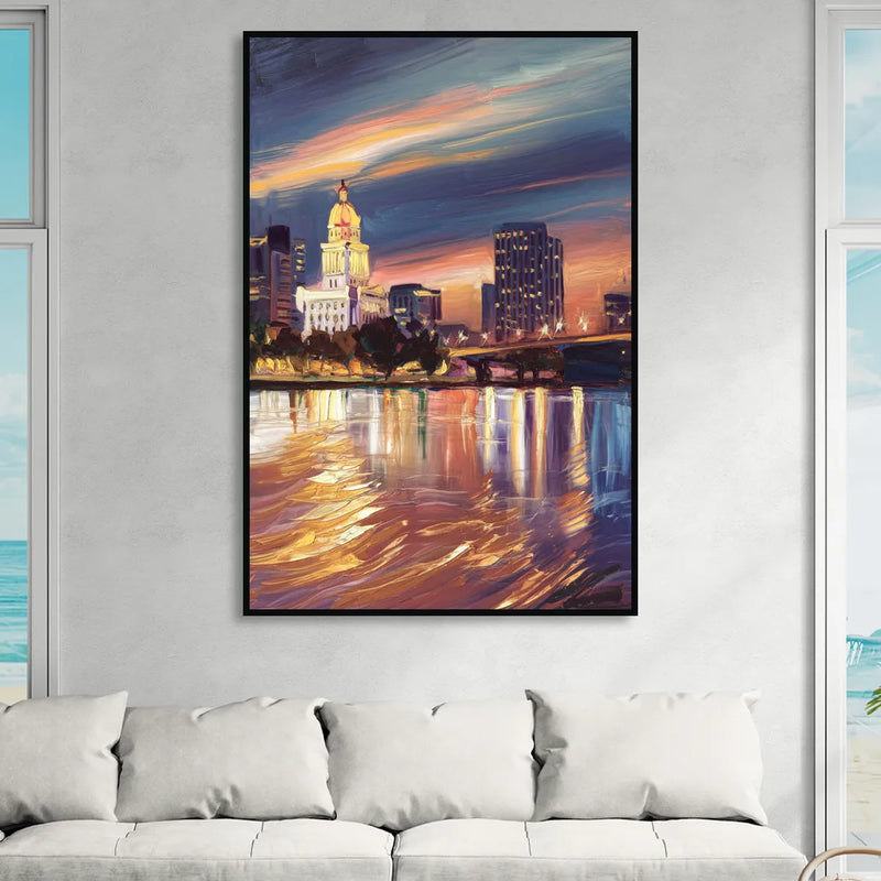 Baton Rouge Cityscape Twilight Living Room - Black Canvas Wall Art