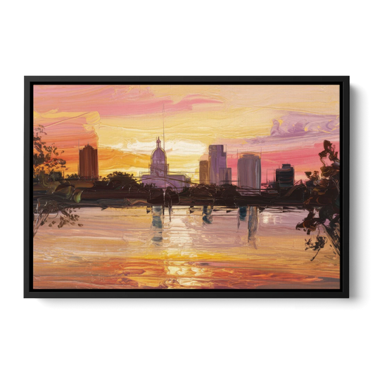 Baton Rouge Skyline Sunset - Black Framed Canvas Wall Art - Front