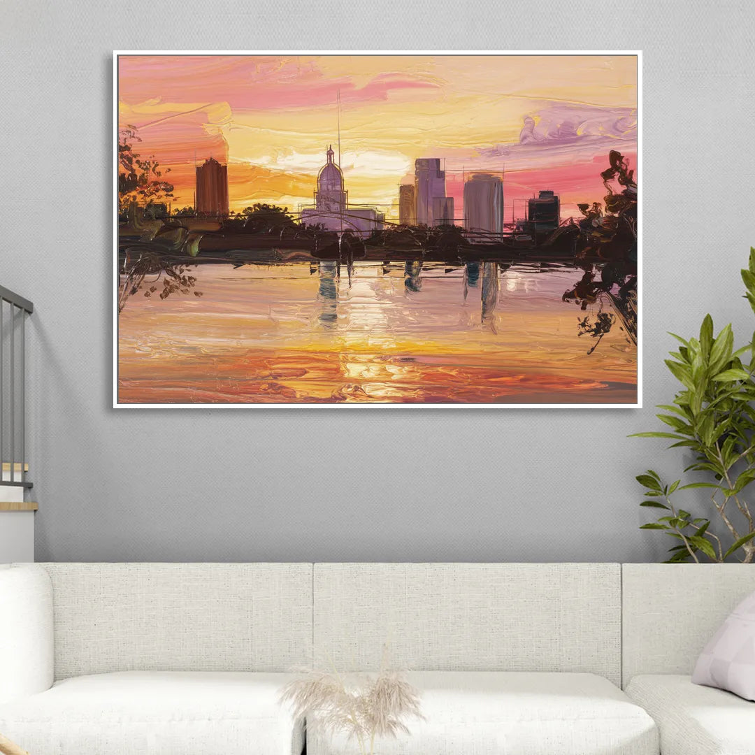 Baton Rouge Skyline Sunset Sitting Room - White Canvas Wall Art