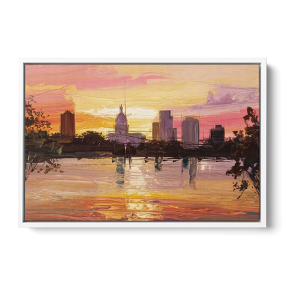 Baton Rouge Skyline Sunset Front - White Canvas Wall Art