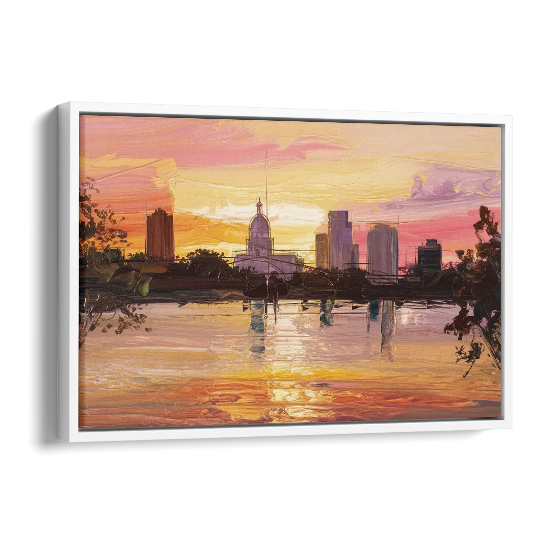 Baton Rouge Skyline Sunset Side - White Canvas Wall Art
