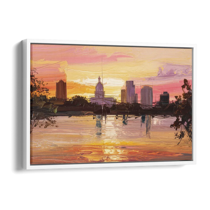Baton Rouge Skyline Sunset Side - White Canvas Wall Art