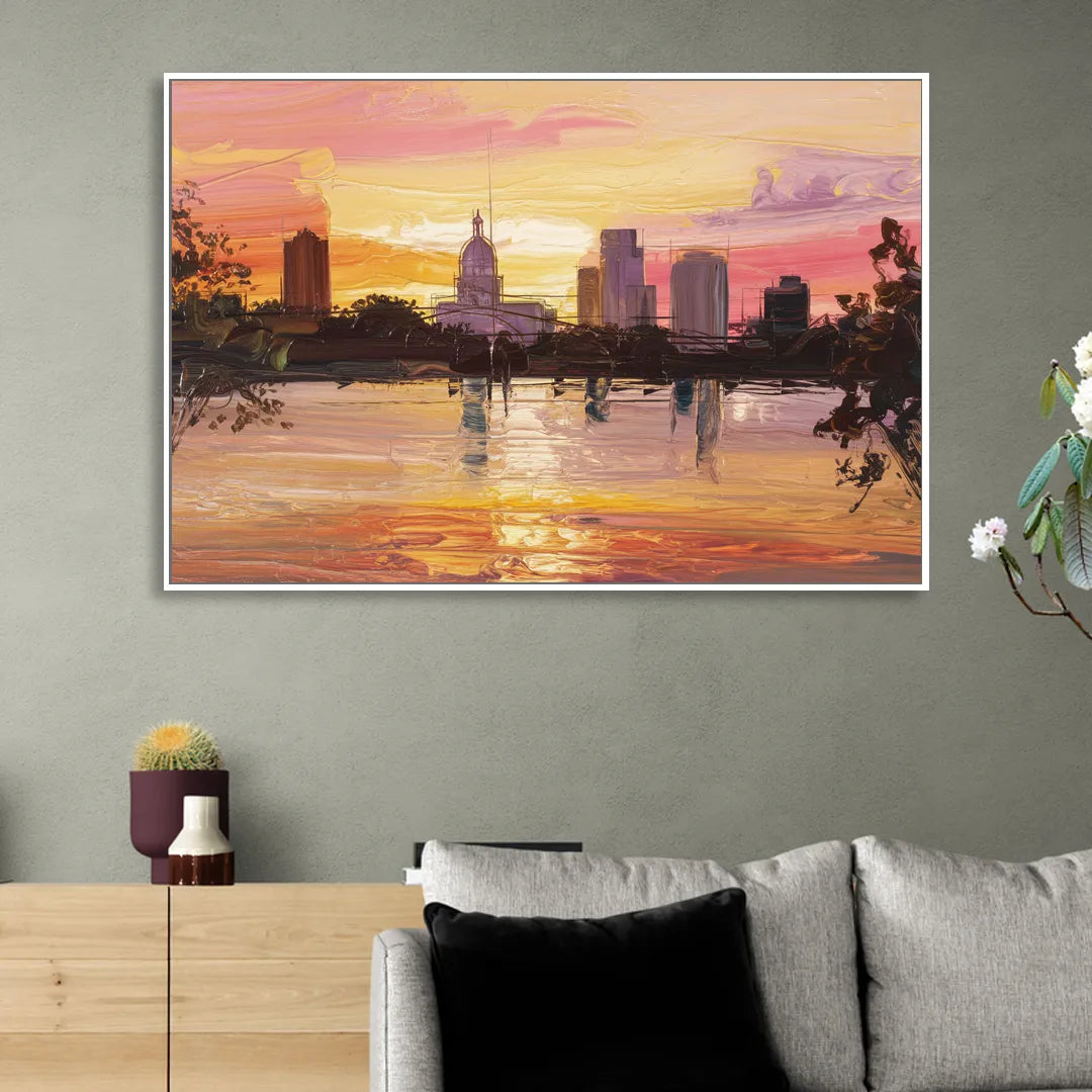 Baton Rouge Skyline Sunset Living Room - White Canvas Wall Art
