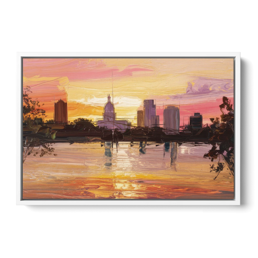 Baton Rouge Skyline Sunset - White Framed Canvas Wall Art - Front