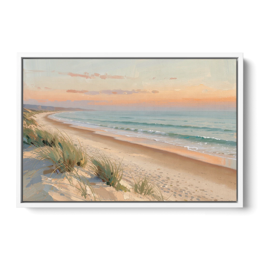 Beach Landscape Painting at First Light - White Framed Canvas Wall Art - Front