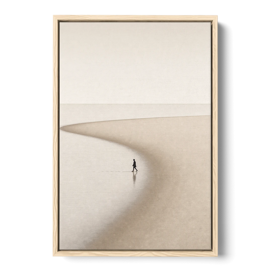 Beach Minimalist Art of a Lone Walker - Oak Framed Canvas Wall Art - Front