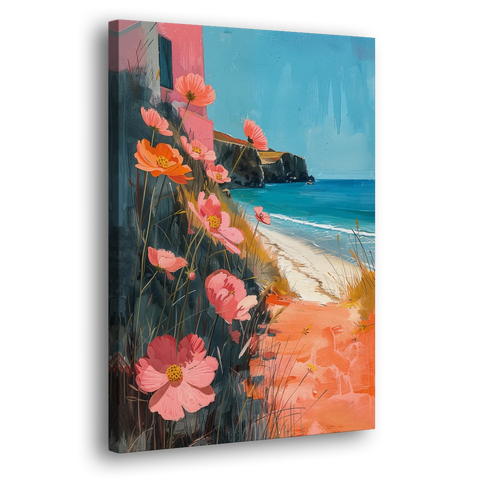 Beach Painting with Pink Cosmos Flowers - Canvas Wall Art - Side