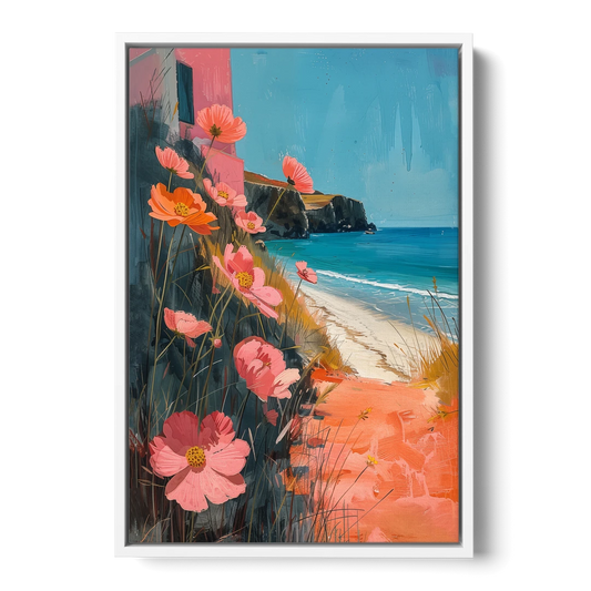 Beach Painting with Pink Cosmos Flowers - White Framed Canvas Wall Art - Front