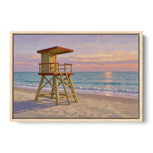 Beach Wall Art for Living Room with Lifeguard Stand - Oak Framed Canvas Wall Art - Front
