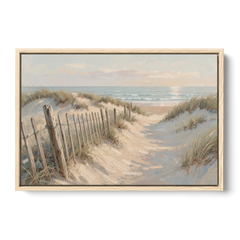 Beachy Wall Decor with a Weathered Dune Fence - Oak Framed Canvas Wall Art - Front