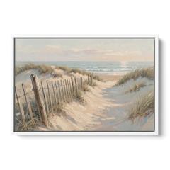 Beachy Wall Decor with a Weathered Dune Fence - White Framed Canvas Wall Art - Front