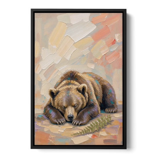 Bear Cub Painting Asleep on Its Paws - Black Framed Canvas Wall Art - Front