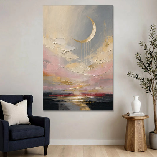 Bedroom Wall Art Neutral Crescent Moon at Dusk - Canvas Wall Art - Sofa - 40x60