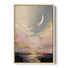 Bedroom Wall Art Neutral Crescent Moon at Dusk - Oak Framed Canvas Wall Art - Front