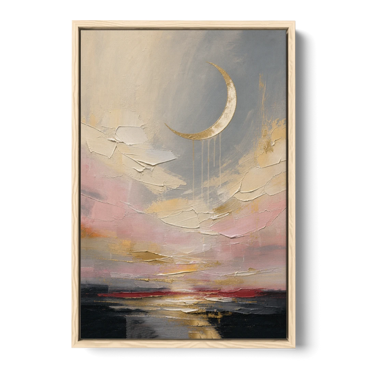 Bedroom Wall Art Neutral Crescent Moon at Dusk - Oak Framed Canvas Wall Art - Front