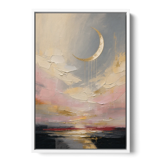 Bedroom Wall Art Neutral Crescent Moon at Dusk - White Framed Canvas Wall Art - Front
