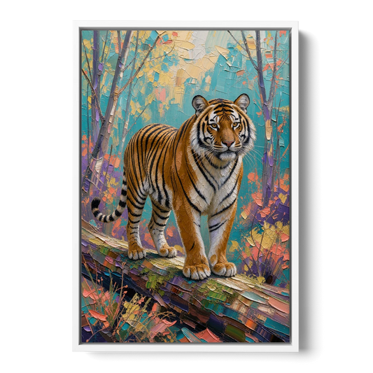 Bengal Tiger on the Mossy Log for the Living Room - White Framed Canvas Wall Art - Front