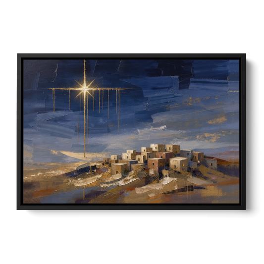 Bethlehem Painting with Sleeping Hilltop Town - Black Framed Canvas Wall Art - Front