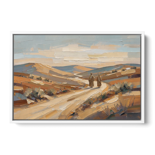 Biblical Wall Art of Two Walking the Judean Road - White Framed Canvas Wall Art - Front