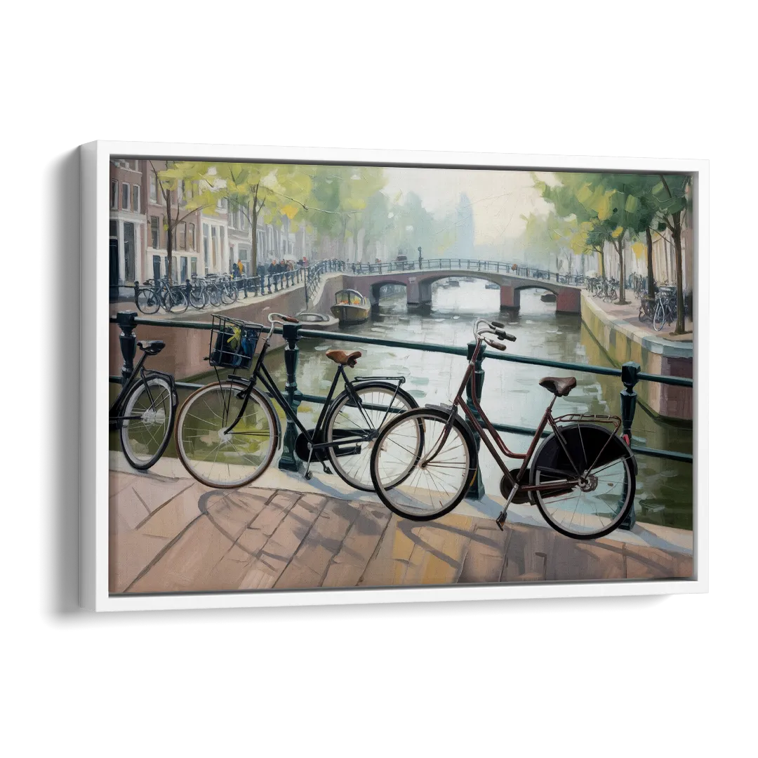 Bicycles of Amsterdam Side - White Canvas Wall Art