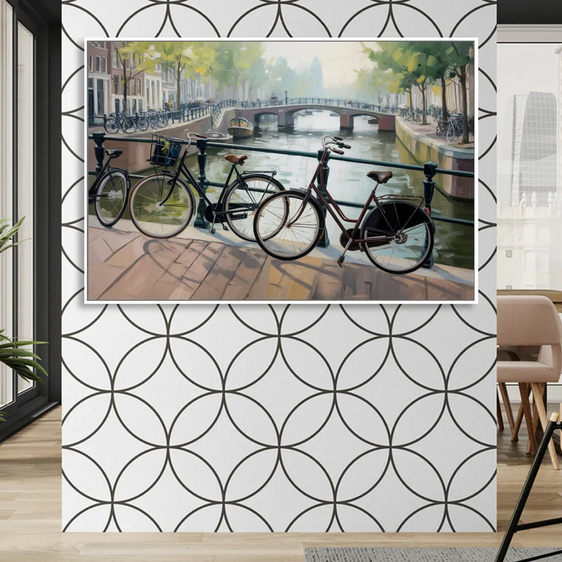 Bicycles of Amsterdam Living Room - White Canvas Wall Art